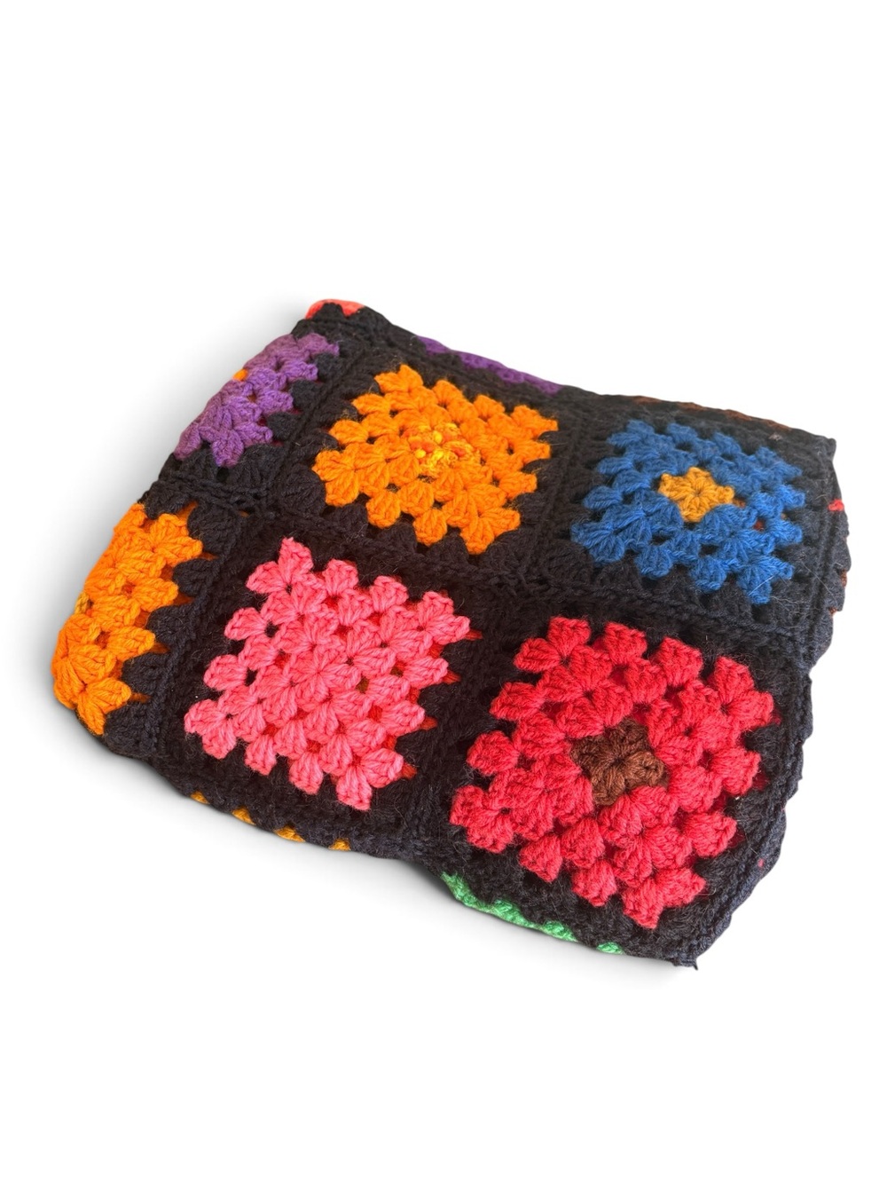 Vintage Granny Square Crochet Afghan Blanket Colorful Black Retro Boho 60x54 - Picture 4 of 6